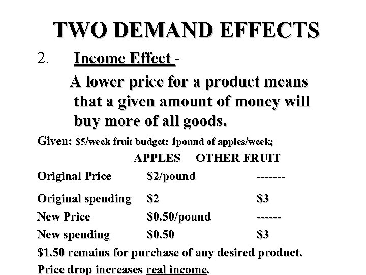 TWO DEMAND EFFECTS 2. Income Effect A lower price for a product means that