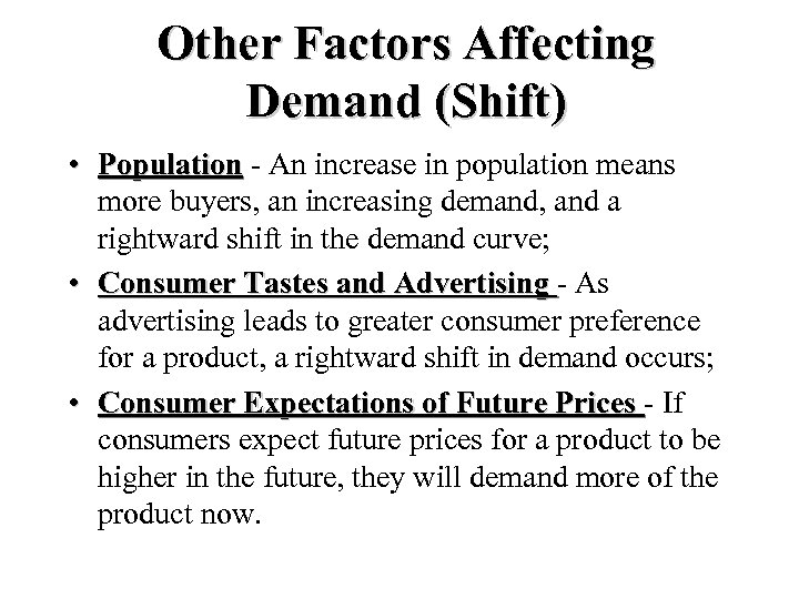 Other Factors Affecting Demand (Shift) • Population - An increase in population means more