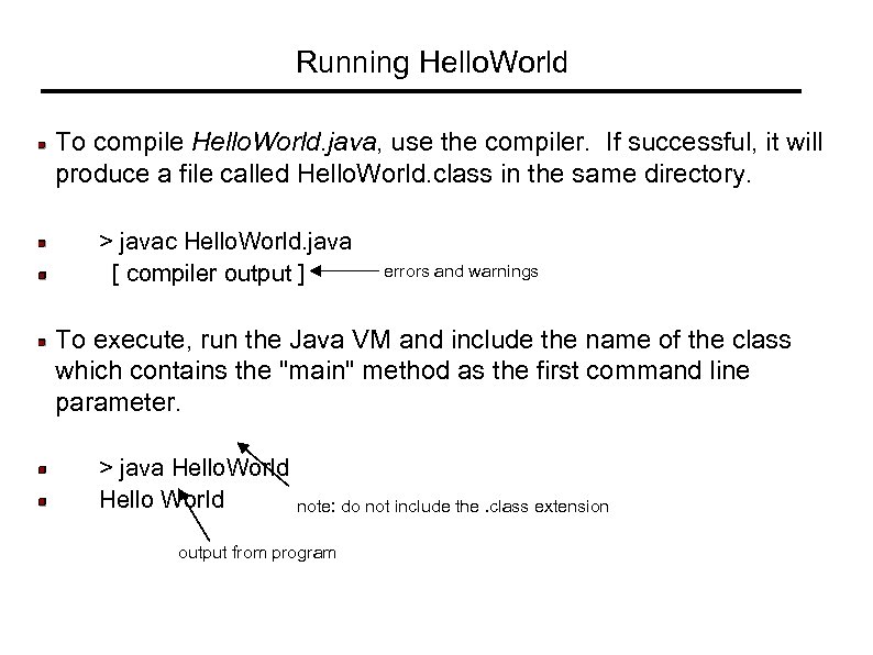 Running Hello. World To compile Hello. World. java, use the compiler. If successful, it