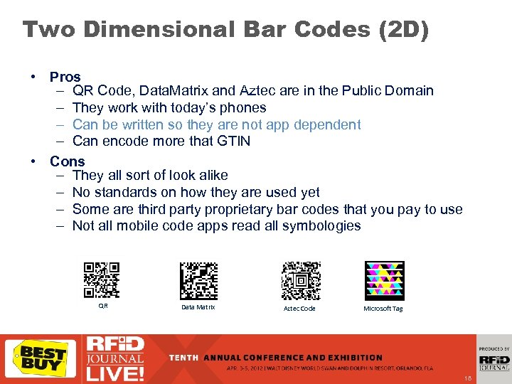 Two Dimensional Bar Codes (2 D) • Pros – QR Code, Data. Matrix and