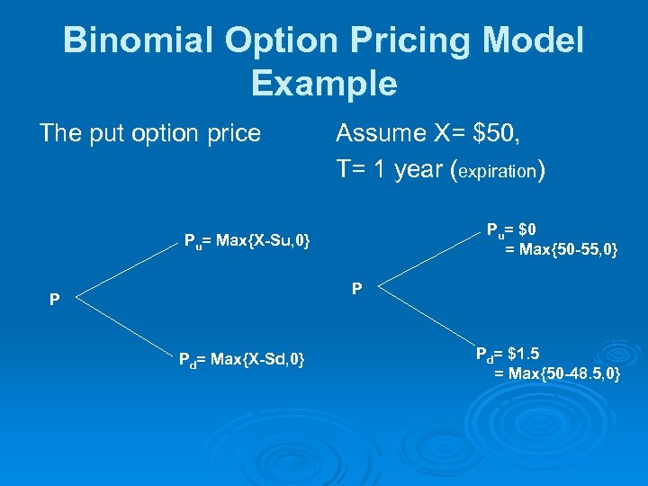 Binomial Option Pricing Model Example The put option price Assume X= $50, T= 1