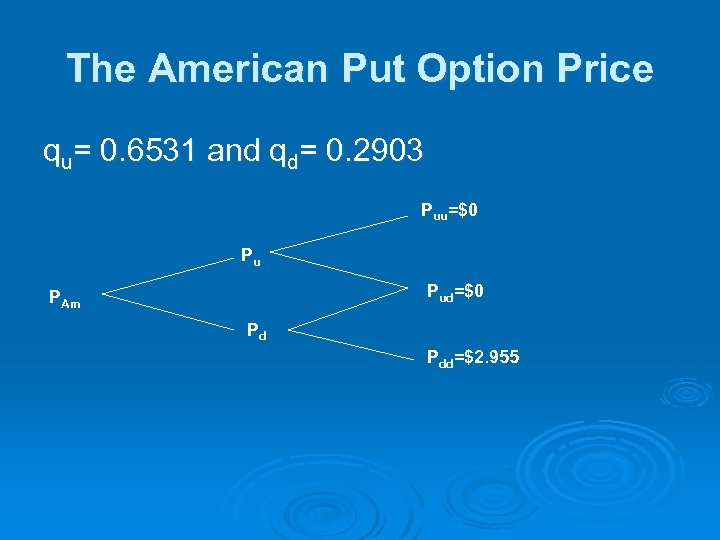 The American Put Option Price qu= 0. 6531 and qd= 0. 2903 Puu=$0 Pu