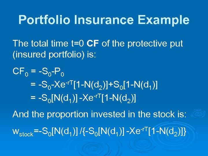 Portfolio Insurance Example The total time t=0 CF of the protective put (insured portfolio)