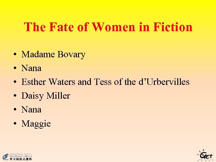 The Fate of Women in Fiction • • • Madame Bovary Nana Esther Waters