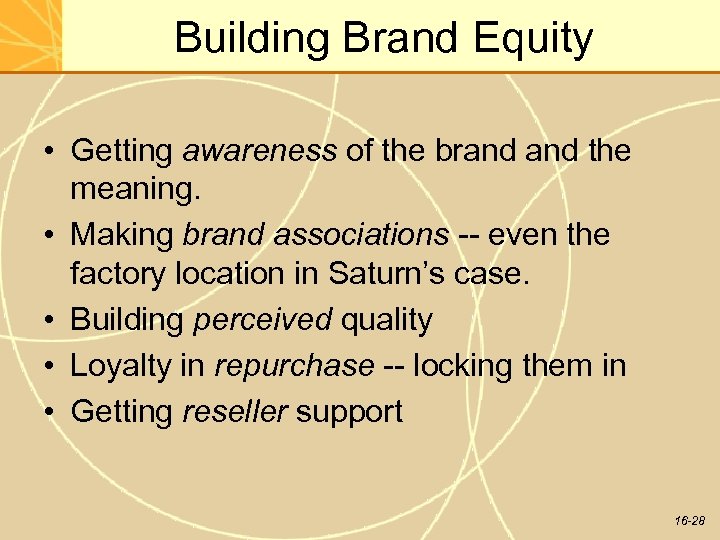 Building Brand Equity • Getting awareness of the brand the meaning. • Making brand