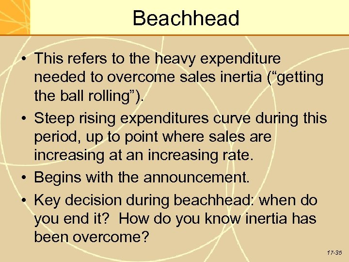 Beachhead • This refers to the heavy expenditure needed to overcome sales inertia (“getting