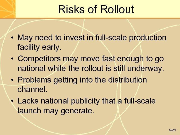 Risks of Rollout • May need to invest in full-scale production facility early. •