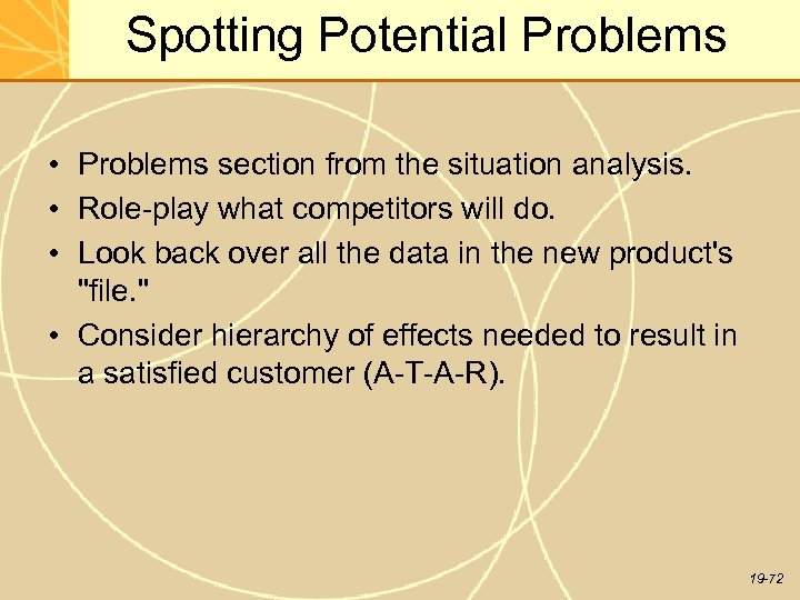 Spotting Potential Problems • Problems section from the situation analysis. • Role-play what competitors