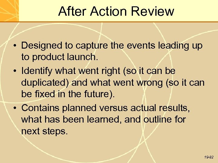 After Action Review • Designed to capture the events leading up to product launch.