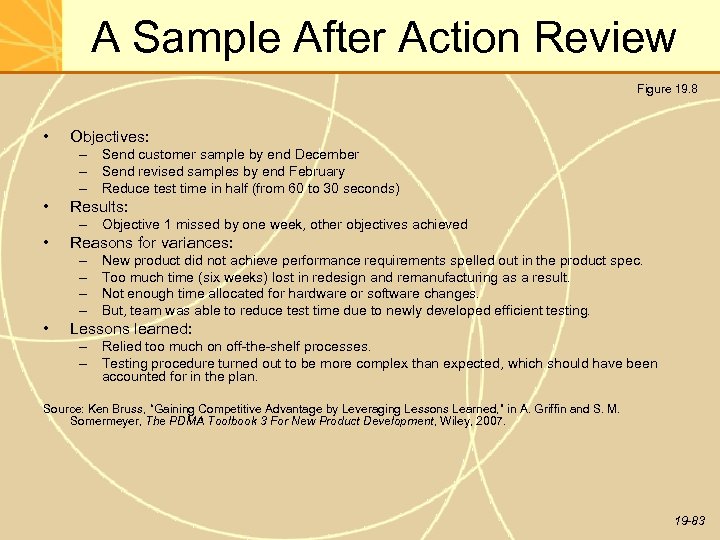 A Sample After Action Review Figure 19. 8 • Objectives: – Send customer sample