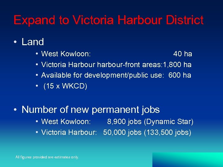 Expand to Victoria Harbour District • Land • • West Kowloon: 40 ha Victoria