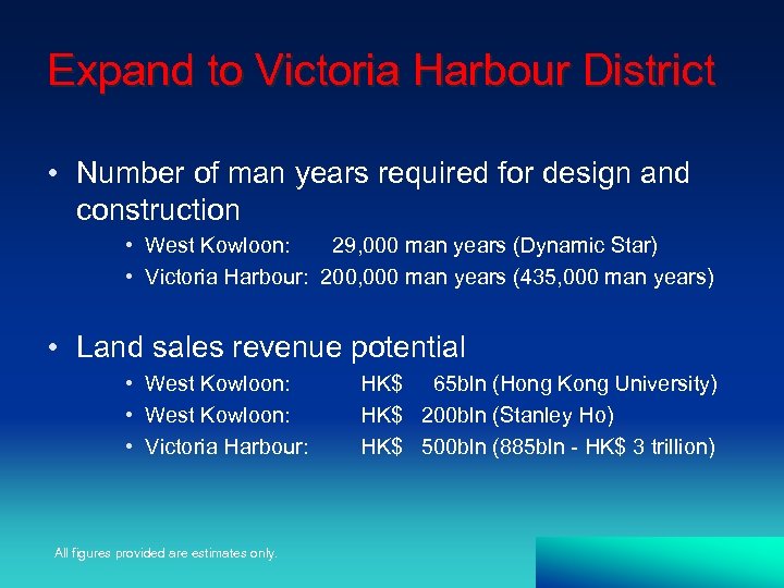 Expand to Victoria Harbour District • Number of man years required for design and