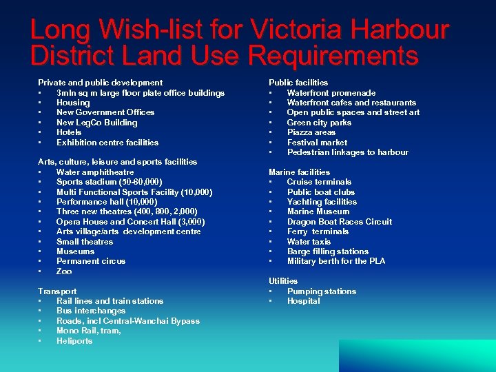 Long Wish-list for Victoria Harbour District Land Use Requirements Private and public development •