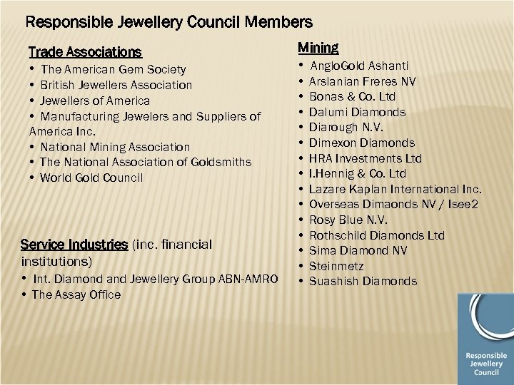 Responsible Jewellery Council Members Trade Associations • The American Gem Society • British Jewellers