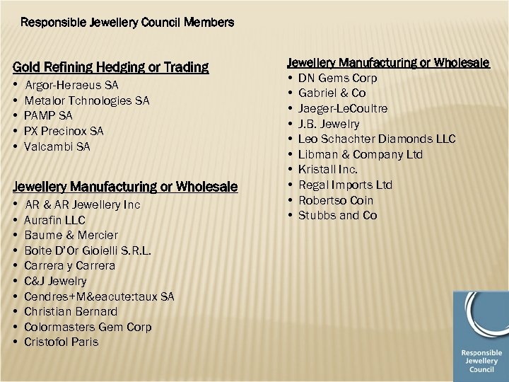 Responsible Jewellery Council Members Gold Refining Hedging or Trading • Argor-Heraeus SA • •