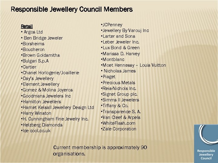 Responsible Jewellery Council Members Retail • Argos Ltd • Ben Bridge Jeweler • Borsheims
