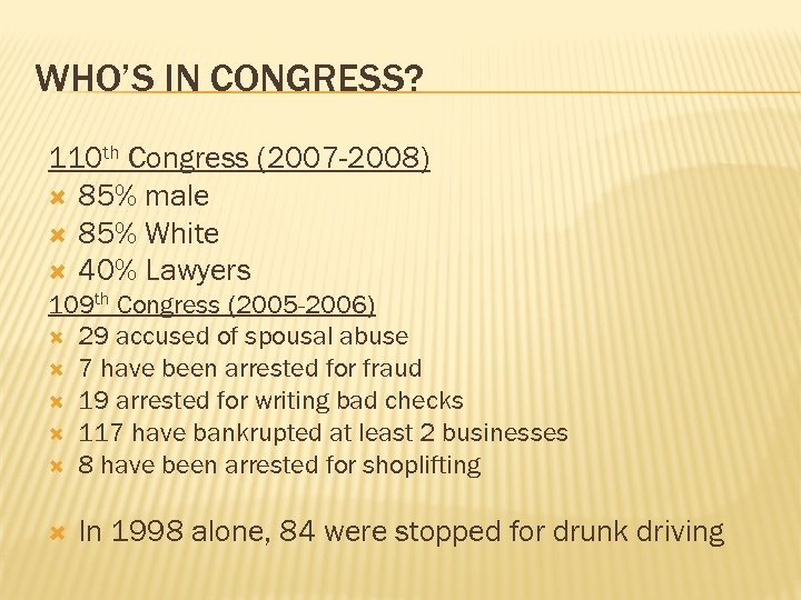 WHO’S IN CONGRESS? 110 th Congress (2007 -2008) 85% male 85% White 40% Lawyers