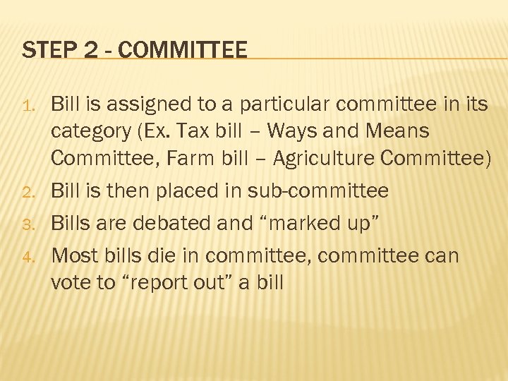 STEP 2 - COMMITTEE 1. 2. 3. 4. Bill is assigned to a particular