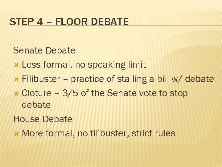 STEP 4 – FLOOR DEBATE Senate Debate Less formal, no speaking limit Filibuster –
