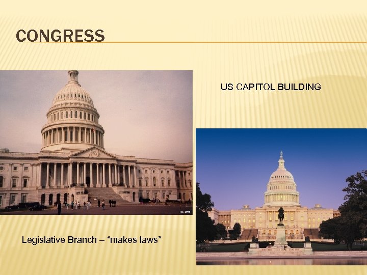 CONGRESS US CAPITOL BUILDING Legislative Branch – “makes laws” 