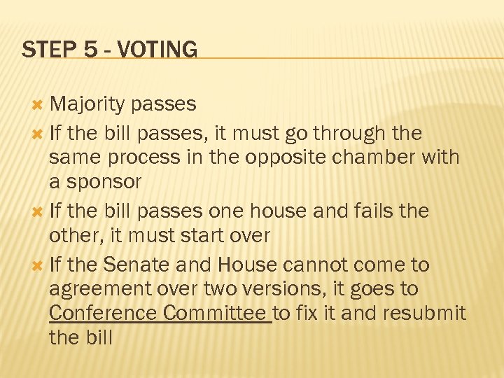 STEP 5 - VOTING Majority passes If the bill passes, it must go through