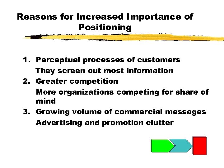 Reasons for Increased Importance of Positioning 1. Perceptual processes of customers They screen out