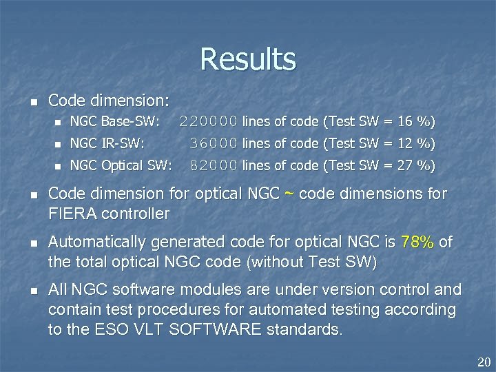 Results n Code dimension: n n n NGC Base-SW: 220000 lines of code (Test