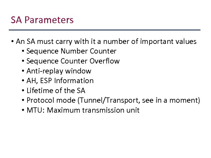 SA Parameters • An SA must carry with it a number of important values