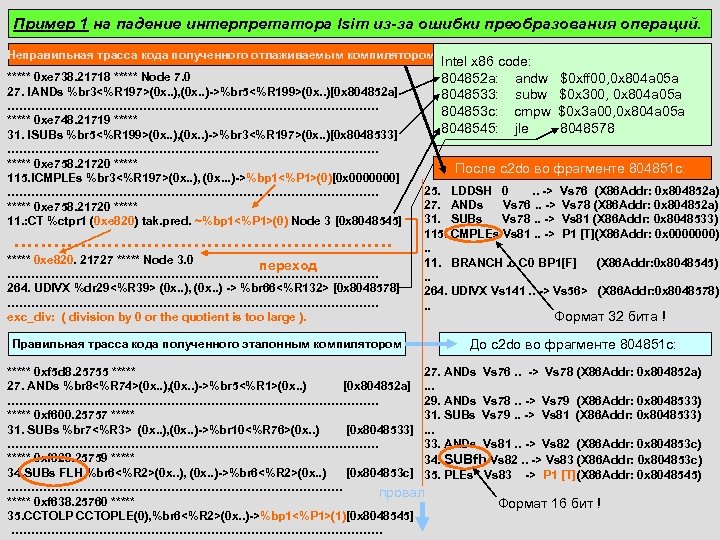 Пример 1 на падение интерпретатора lsim из-за ошибки преобразования операций. Неправильная трасса кода полученного