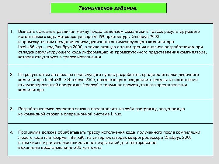 Техническое задание. 1. Выявить основные различия между представлением семантики в трассе результирующего исполняемого кода