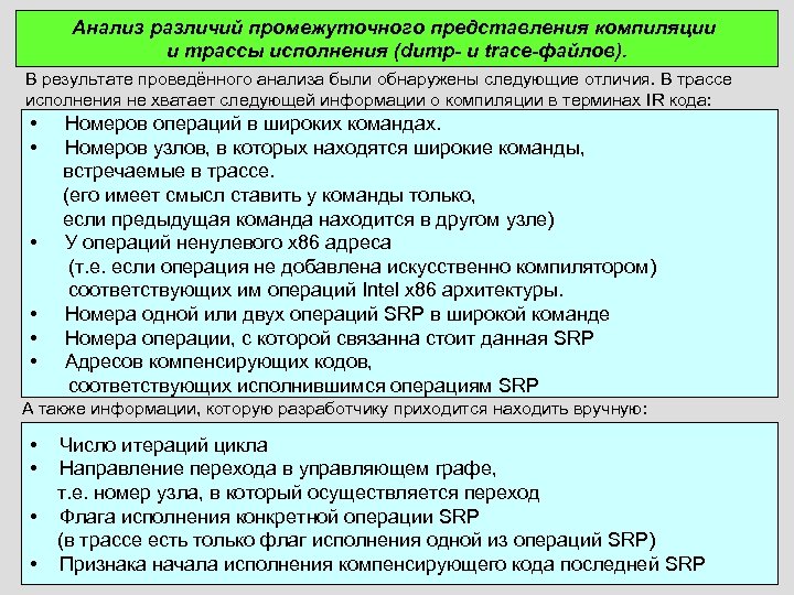 Анализ различий промежуточного представления компиляции и трассы исполнения (dump- и trace-файлов). В результате проведённого