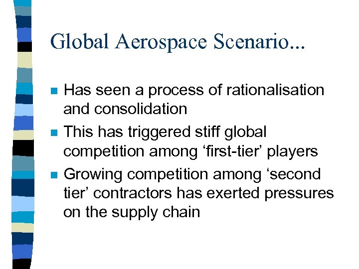 Global Aerospace Scenario. . . n n n Has seen a process of rationalisation