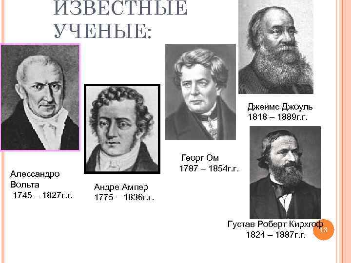 ИЗВЕСТНЫЕ УЧЕНЫЕ: Джеймс Джоуль 1818 – 1889 г. г. Алессандро Вольта 1745 – 1827