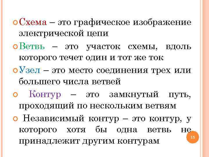  Схема – это графическое изображение электрической цепи Ветвь – это участок схемы, вдоль