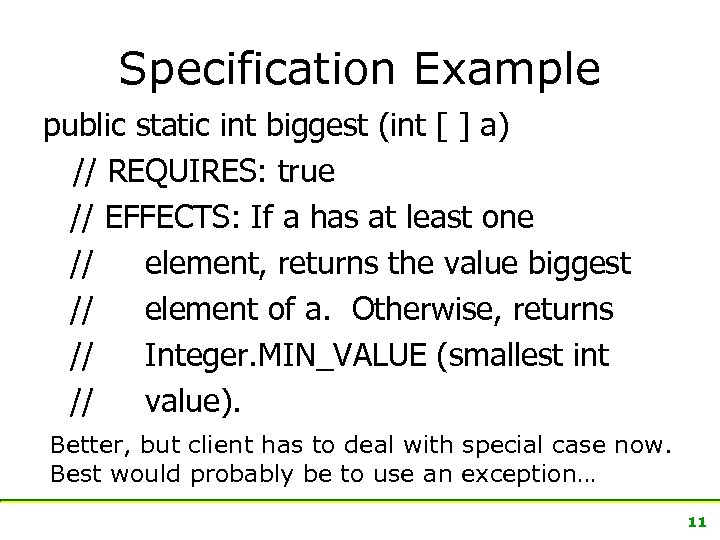 Specification Example public static int biggest (int [ ] a) // REQUIRES: true //