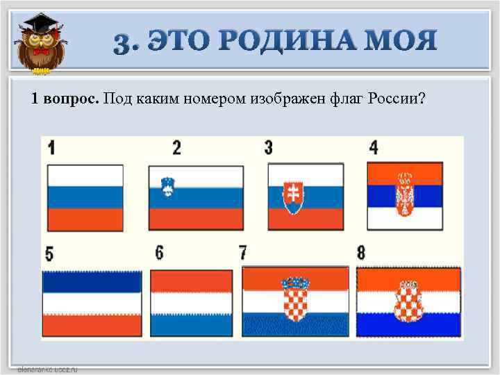 3. ЭТО РОДИНА МОЯ 1 вопрос. Под каким номером изображен флаг России? 