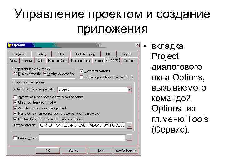 Управление проектом и создание приложения • вкладка Project диалогового окна Options, вызываемого командой Options