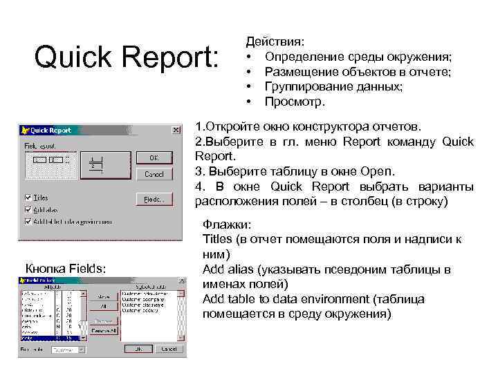 Quick Report: Действия: • Определение среды окружения; • Размещение объектов в отчете; • Группирование