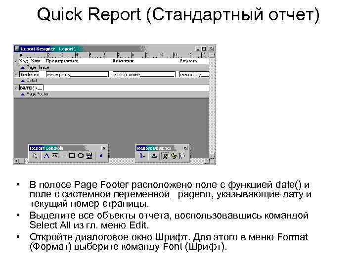 Quick Report (Стандартный отчет) • В полосе Page Footer расположено поле с функцией date()