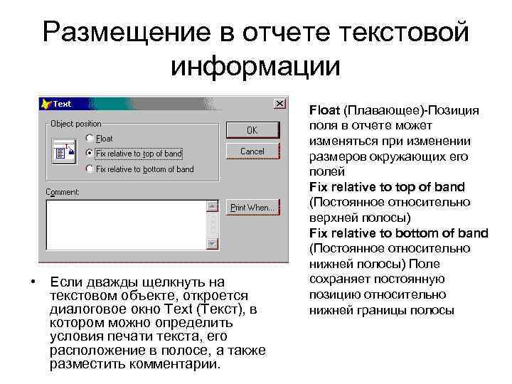 Размещение в отчете текстовой информации • Если дважды щелкнуть на текстовом объекте, откроется диалоговое