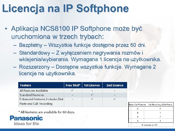 Licencja na IP Softphone • Aplikacja NCS 8100 IP Softphone może być uruchomiona w