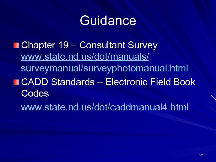 Guidance Chapter 19 – Consultant Survey www. state. nd. us/dot/manuals/ surveymanual/surveyphotomanual. html CADD Standards