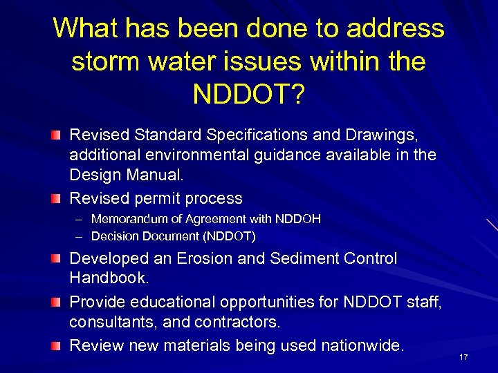 What has been done to address storm water issues within the NDDOT? Revised Standard