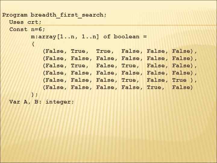 Program breadth_first_search; Uses crt; Const n=6; m: array[1. . n, 1. . n] of