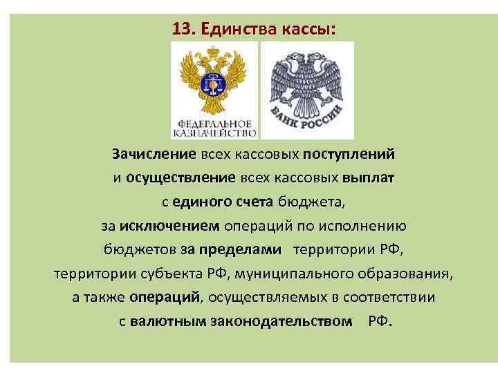 13. Единства кассы: Зачисление всех кассовых поступлений и осуществление всех кассовых выплат с единого