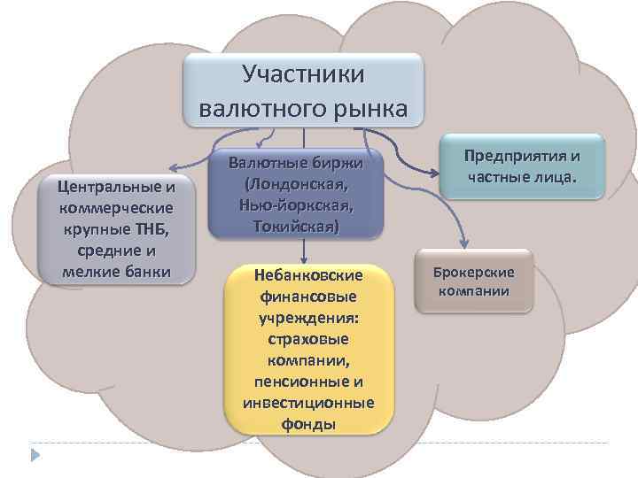 Участники валютного рынка Центральные и коммерческие крупные ТНБ, средние и мелкие банки Валютные биржи