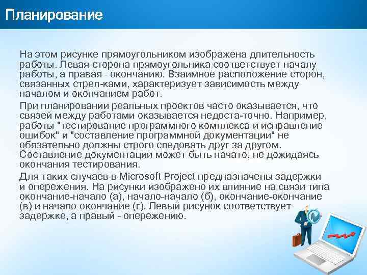 Планирование На этом рисунке прямоугольником изображена длительность работы. Левая сторона прямоугольника соответствует началу работы,