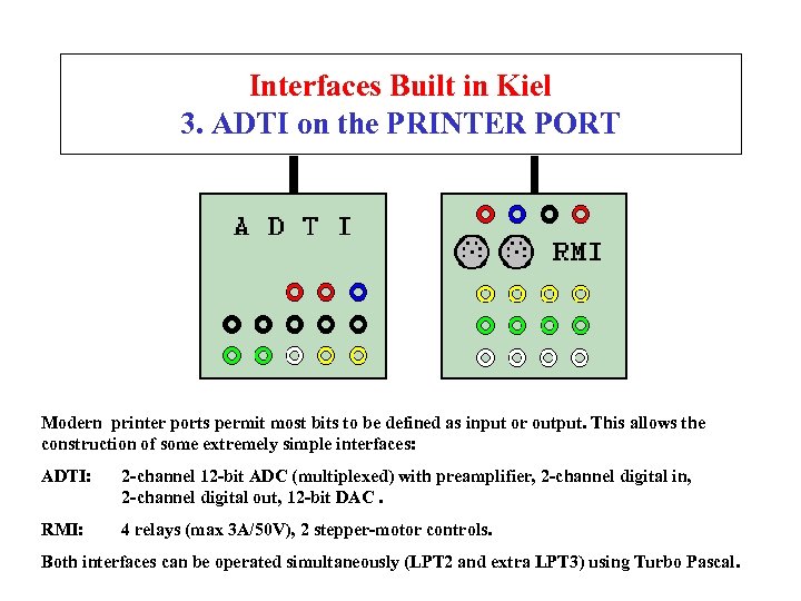 Interfaces Built in Kiel 3. ADTI on the PRINTER PORT Modern printer ports permit