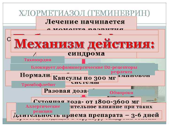 ХЛОРМЕТИАЗОЛ (ГЕМИНЕВРИН) Лечение начинается с момента развития Действует через н ачальных признаков ГАМК-эргическую о