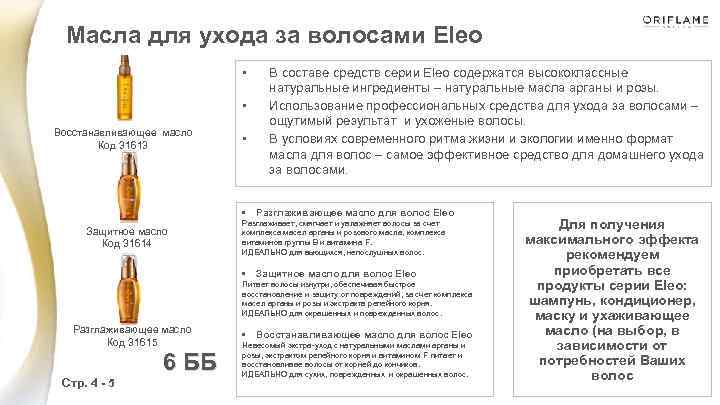 Масла для ухода за волосами Eleo • • Восстанавливающее масло Код 31613 • В